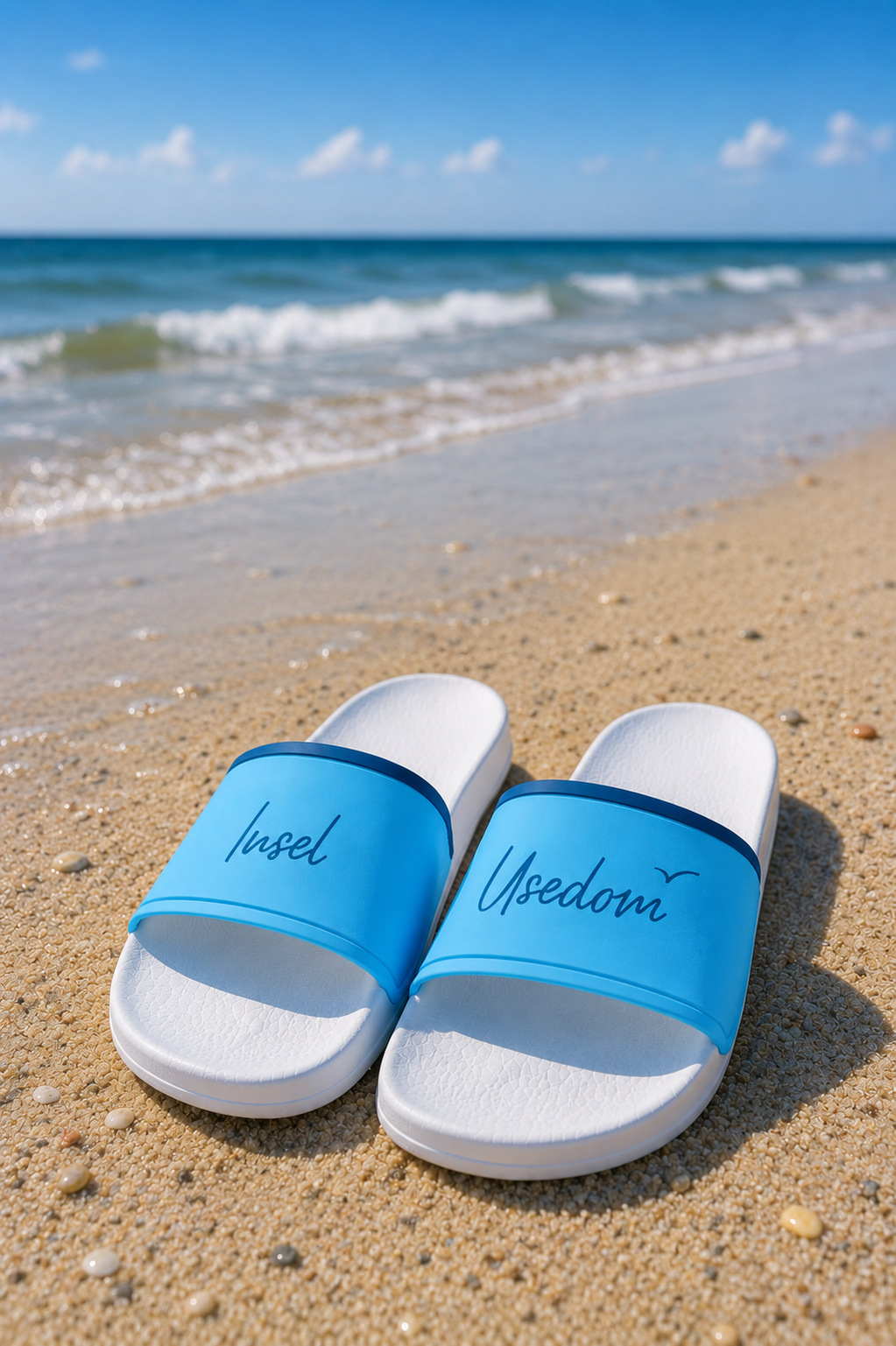 Badelatschen „Insel Usedom“ – Hellblau/Dunkelblau | Strandschuhe mit Usedom-Design