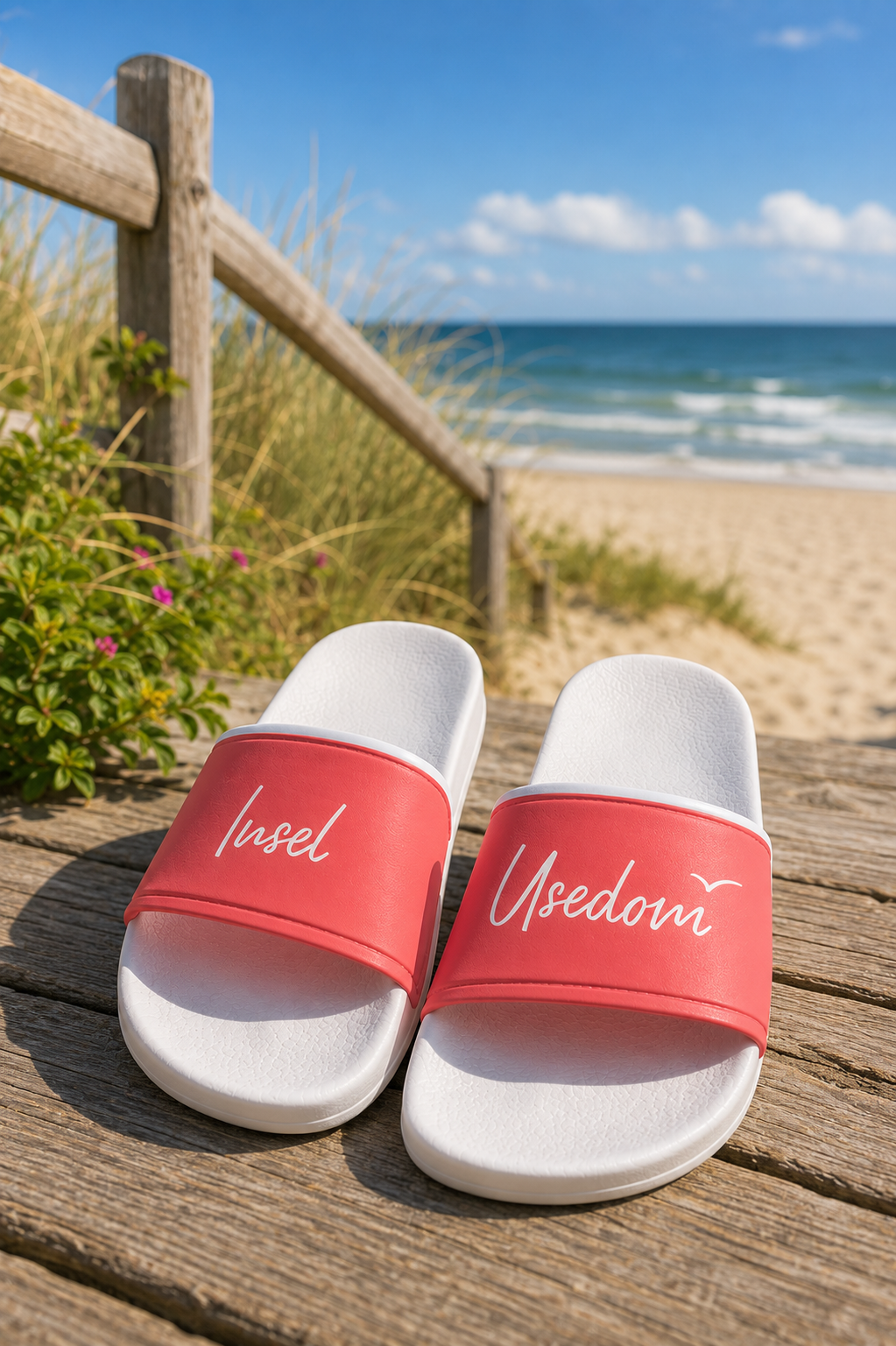 Badelatschen „Insel Usedom“ – Koralle/Weiß | Strandschuhe mit Usedom-Design