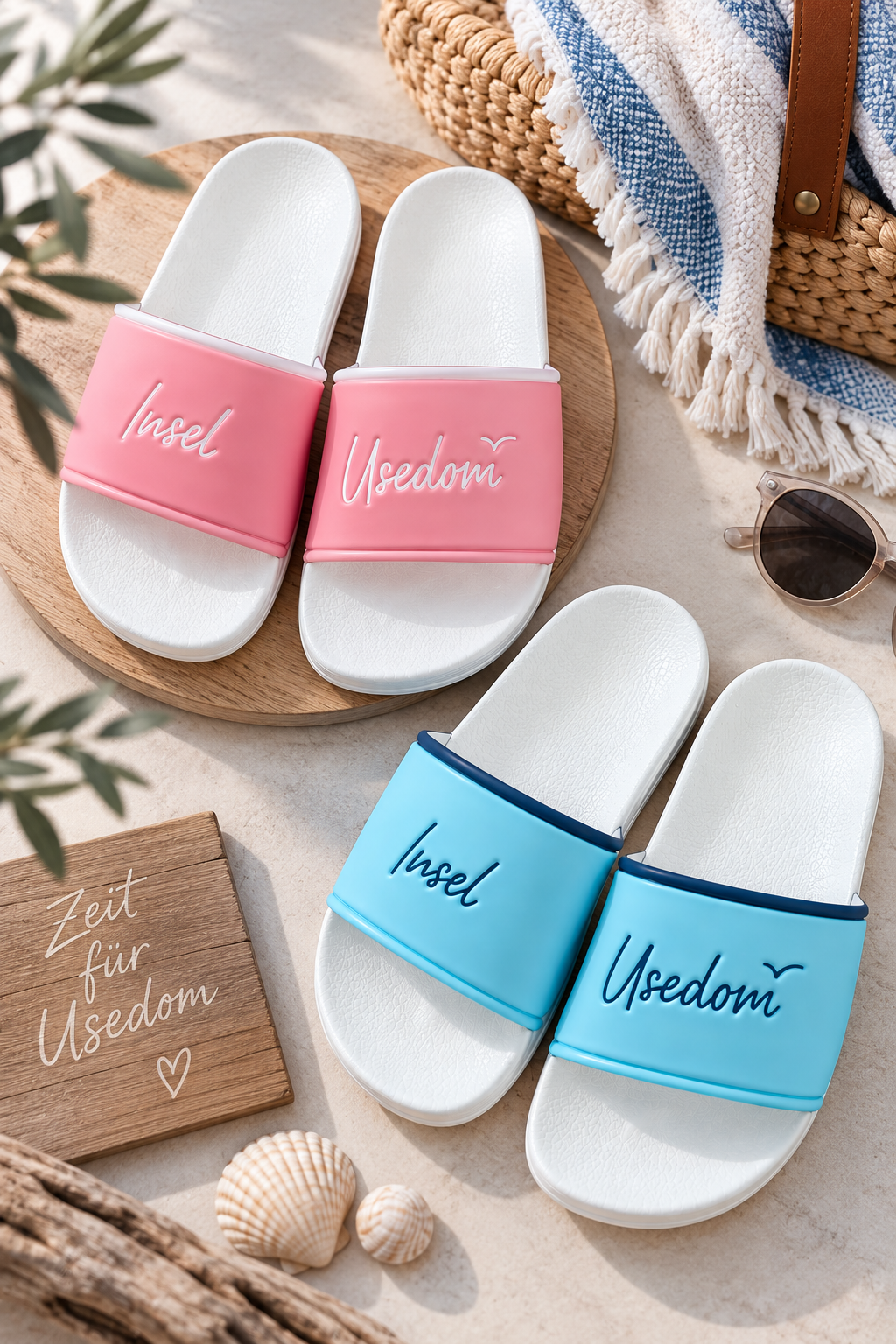 Badelatschen „Insel Usedom“ – Koralle/Weiß | Strandschuhe mit Usedom-Design
