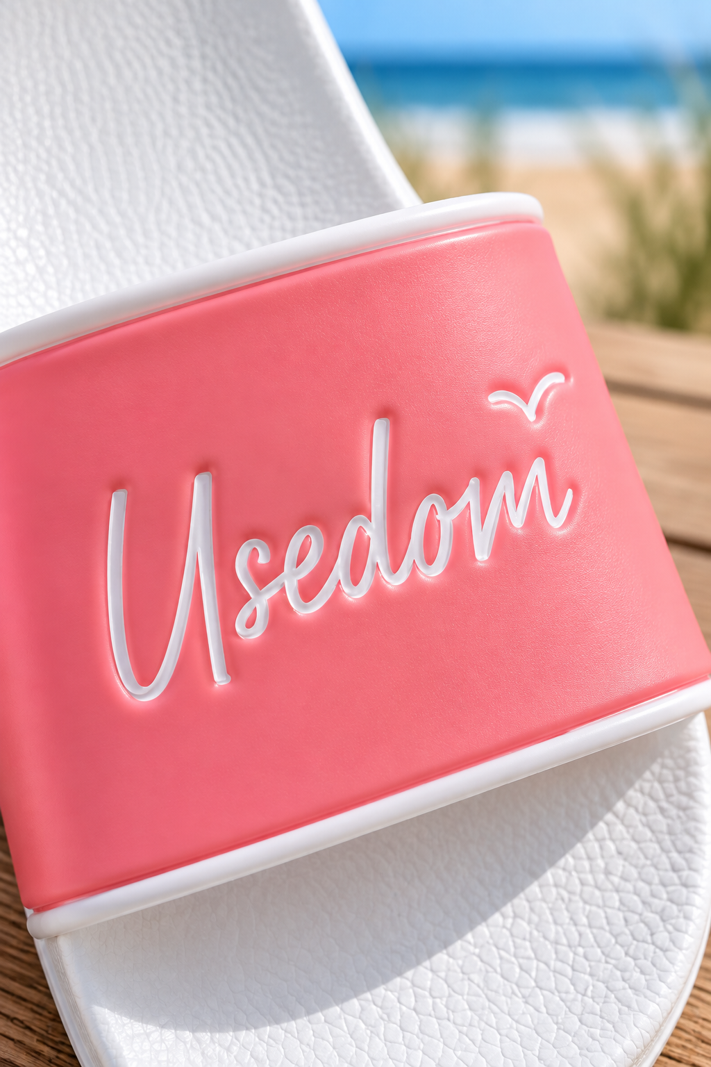 Badelatschen „Insel Usedom“ – Koralle/Weiß | Strandschuhe mit Usedom-Design