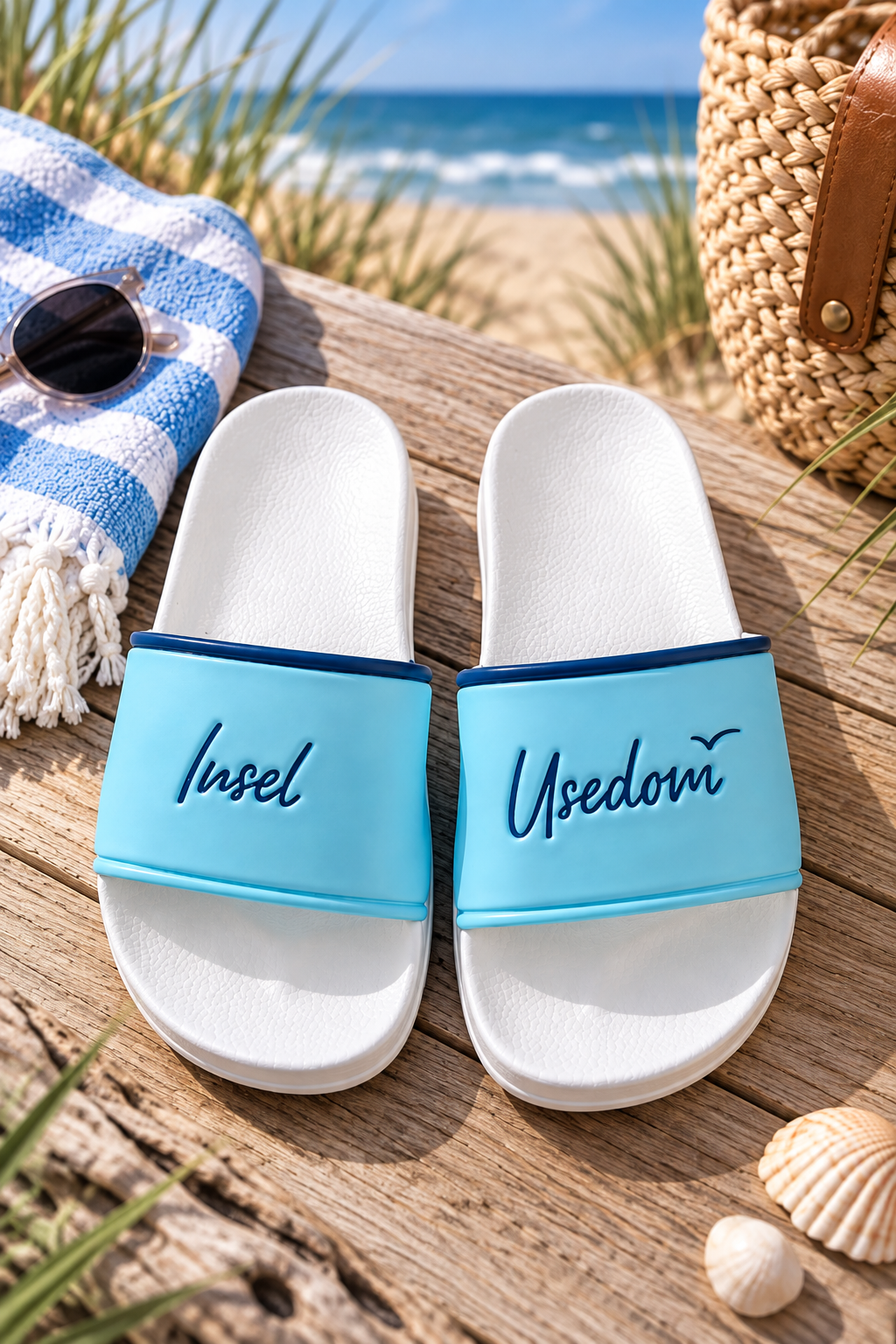 Badelatschen „Insel Usedom“ – Hellblau/Dunkelblau | Strandschuhe mit Usedom-Design